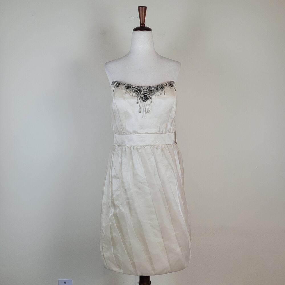 Badgley Mischka Dress‎ 14 Champagne Beaded Strapless Satin Bubble Hem Cocktail